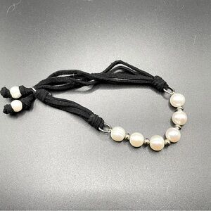 Honora White Ringed Freshwater Pearl and Black Faux Suede Cord Bracelet EUC